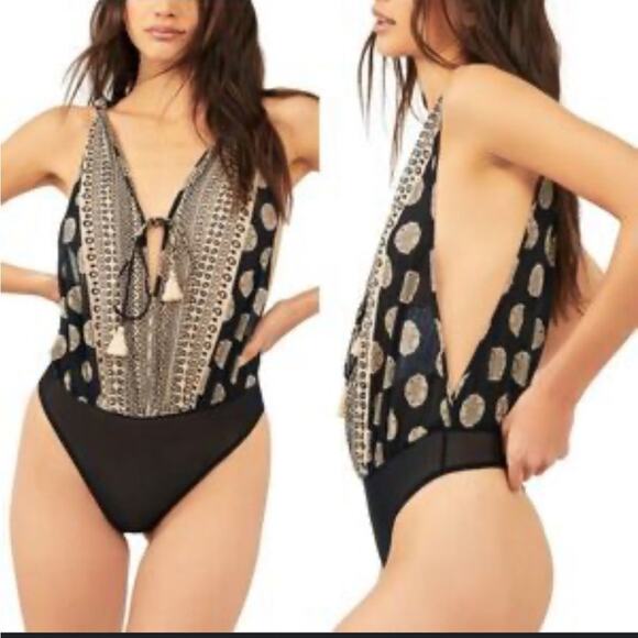 Free People Black Sleeveless Boho Bodysuit Large - Picture 1 of 6